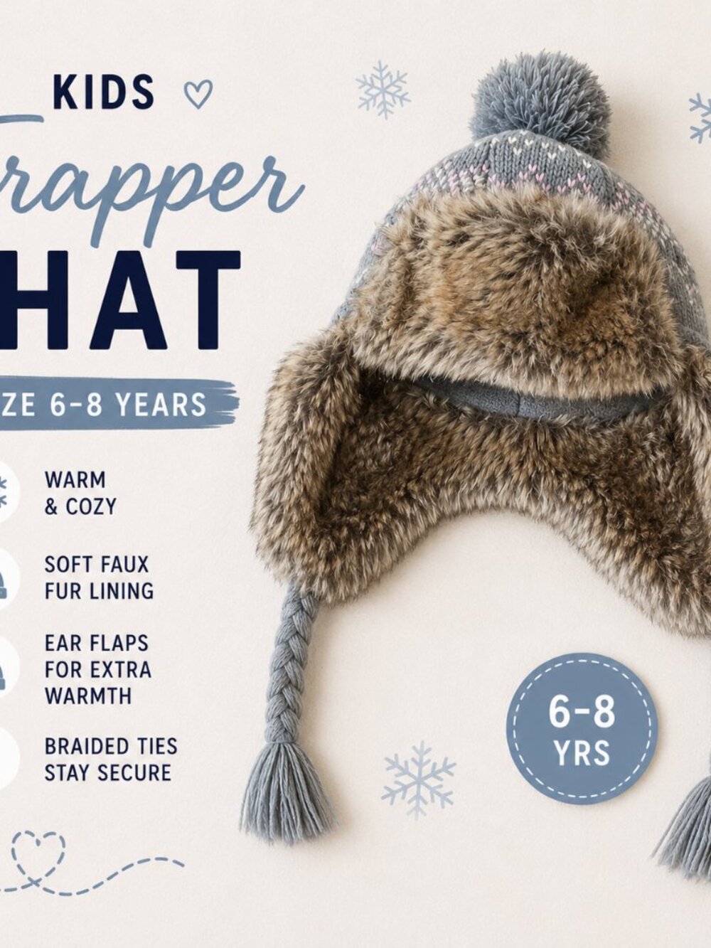 Kids Faux Fur Trapper Hat Gray Brown Pom Pom Winter Hat